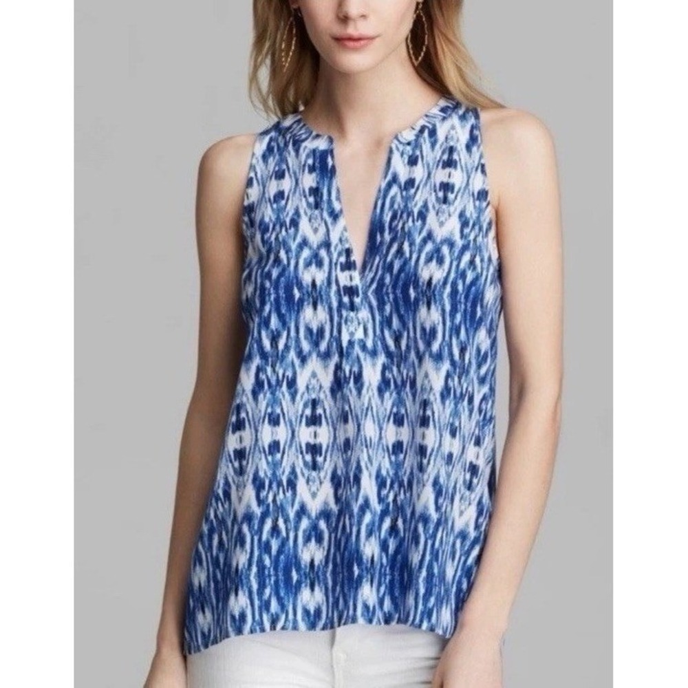 Joie ARUNA Ikat Stripe Split Neckline Silk Tank Top in Deep Lapis Sz XS $178